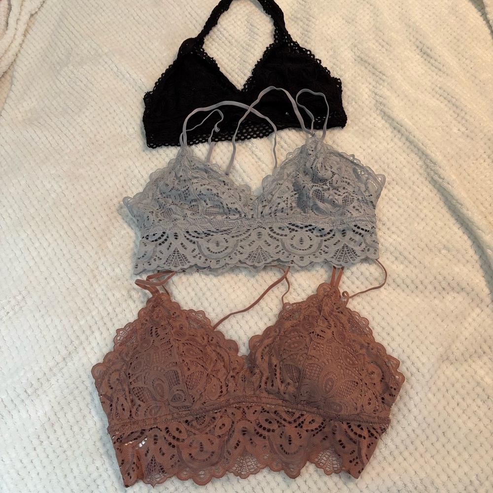 SO Lace Bralette Trio - Black, Gray, and Brown